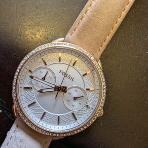Fossil rose gold watch with pink suede strap